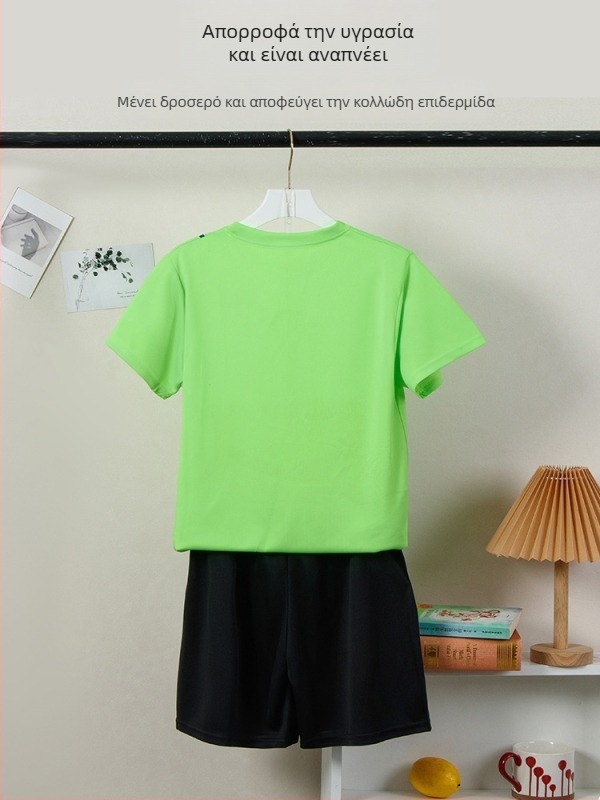 Unisex αθλητικό σετ με κοντά μανίκια, ριγέ πολυεστερικό ύφασμα, καλοκαιρινό για εφήβους 13–16 ετών