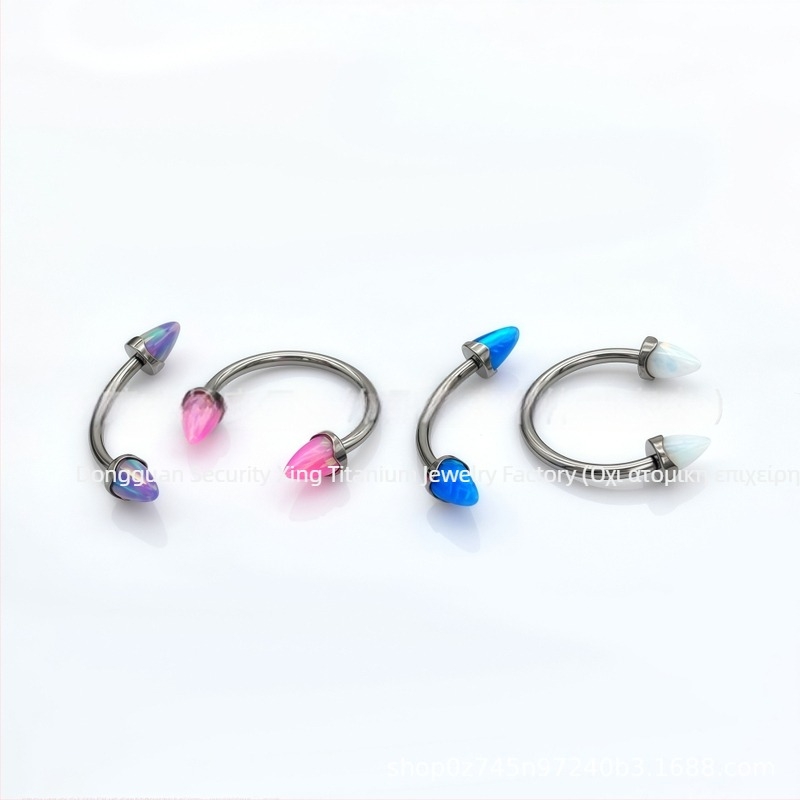 Σκουλαρίκια piercing από τιτάνιο G23 με κυματιστή άκρη και κοίνο άκρο, opal μπιούλετ κρύσταλλος, κατάλληλα για τρύπες στα χείλη, φρύδια και γλώσσα