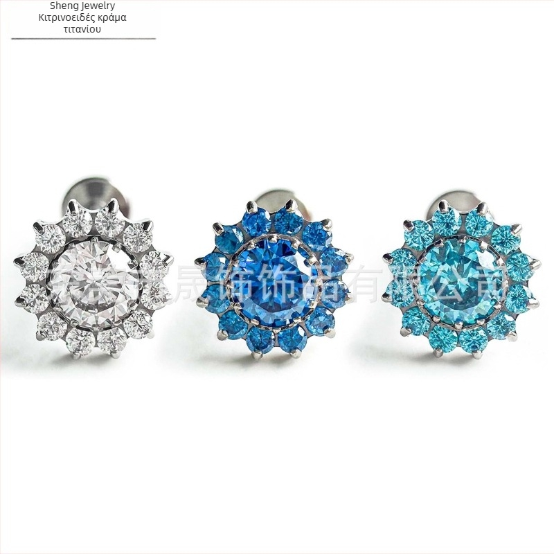 Σκουλαρίκια με ηλίανθο, ένθετο ζιρκόνιο, G23 κράμα τιτανίου, γεωμετρικό σχήμα, unisex, φυσικό στυλ