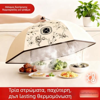 Θερμομονωμένος κυκλικός κάλυμμα φαγητού, ανθεκτικό στη σκόνη και αναδιπλούμενο για οικιακή χρήση — εκλεπτυσμένο υφασμάτινο ύφασμα με παχιά κατασκευή πλαιίου
