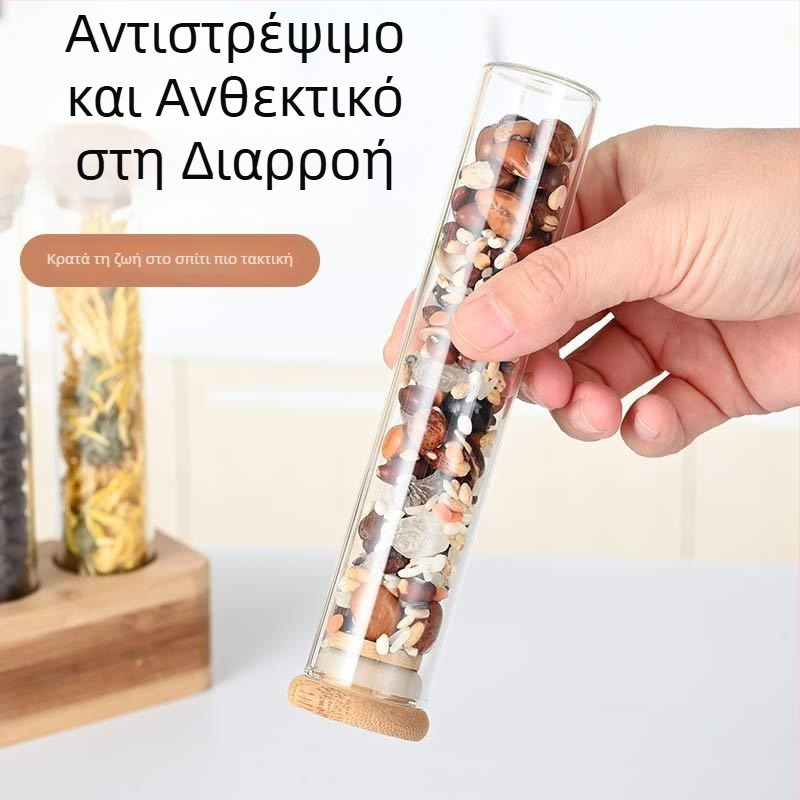 Yi Lan γυάλινο στρογγυλό δοχείο αποθήκευσης κόκκων καφέ με ξύλινο σταντ, συμβατό με φούρνο μικροκυμάτων, δυνατότητα εκτύπωσης λογότυπου