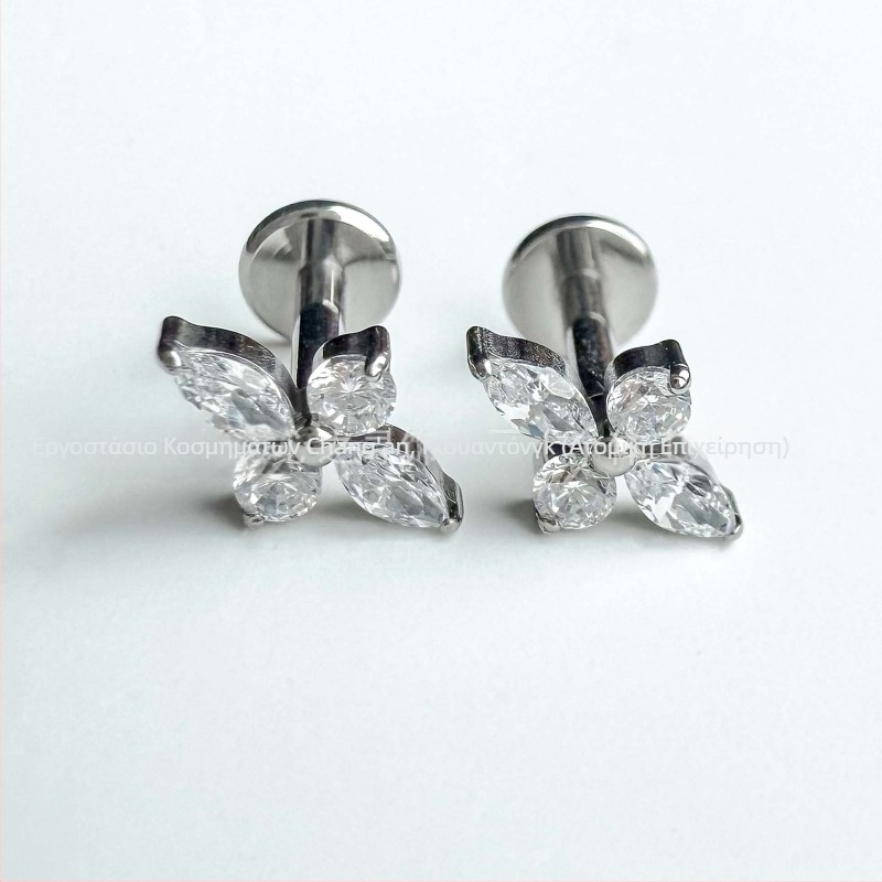 F136 Τιτάνιο lip studs με 5A ζιρκόνιο, σχέδιο τετράφυλλου κλαδιού, κράμα G23 για piercing σώματος