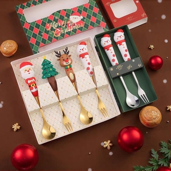 Σετ κουτάλι και πιρούνι από ανοξείδωτο χάλυβα για παιδιά – χριστουγεννιάτικο καρτούν θέμα με Άγιο Βασίλη και τάρανδο, χαριτωμένο στυλ