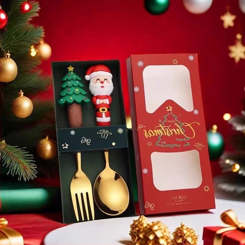 Σετ κουτάλι και πιρούνι από ανοξείδωτο χάλυβα για παιδιά – χριστουγεννιάτικο καρτούν θέμα με Άγιο Βασίλη και τάρανδο, χαριτωμένο στυλ