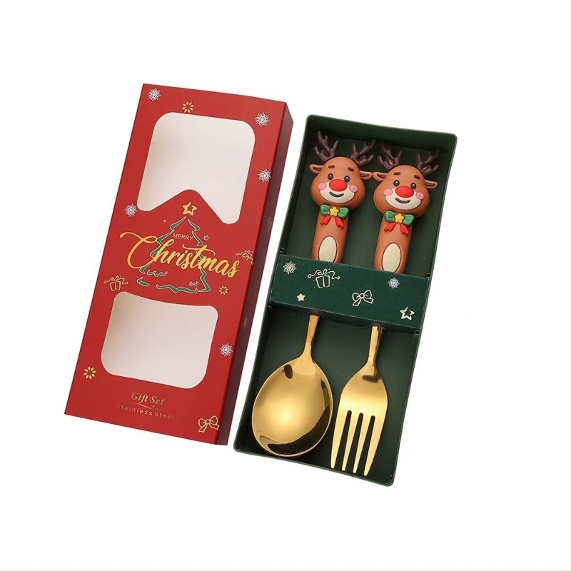 Σετ κουτάλι και πιρούνι από ανοξείδωτο χάλυβα για παιδιά – χριστουγεννιάτικο καρτούν θέμα με Άγιο Βασίλη και τάρανδο, χαριτωμένο στυλ