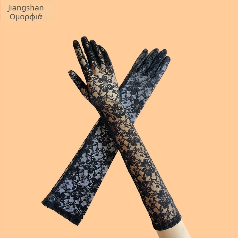 Μακριά γάντια από διχτυωτή δαντέλα για το καλοκαίρι – προστασία από τον ήλιο, κομψά νύφης γάντια με διακόσμηση χρυσάνθεμο