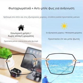 Γυαλιά ανάγνωσης χωρίς σκελετό με φακούς AC, με δυνατότητα αλλαγής χρώματος ανά φωτισμό, προστασία από μπλε φως, UV αντοχή, για κοντινή και μακρινή όραση, Φθινόπωρο 2024