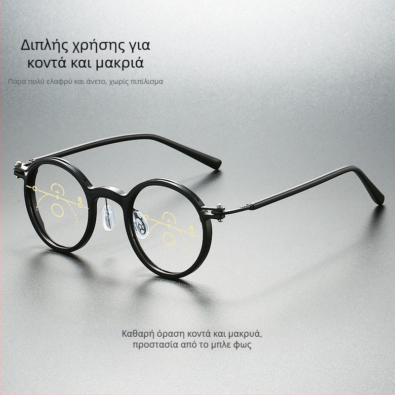 Γυαλιά ανάγνωσης με πολυεστιακούς φακούς για μακριά και κοντά όραση, φακοί PC, αντιμπλε φως, ασφαιρικοί φακοί, στρογγυλός σκελετός