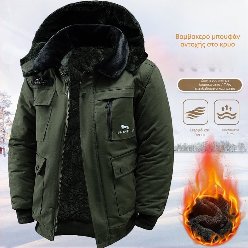 Ανδρικό βαμβακερό μπουφάν με γούνινη επένδυση, κουκούλα, παχιά μόνωση, φερμουάρ