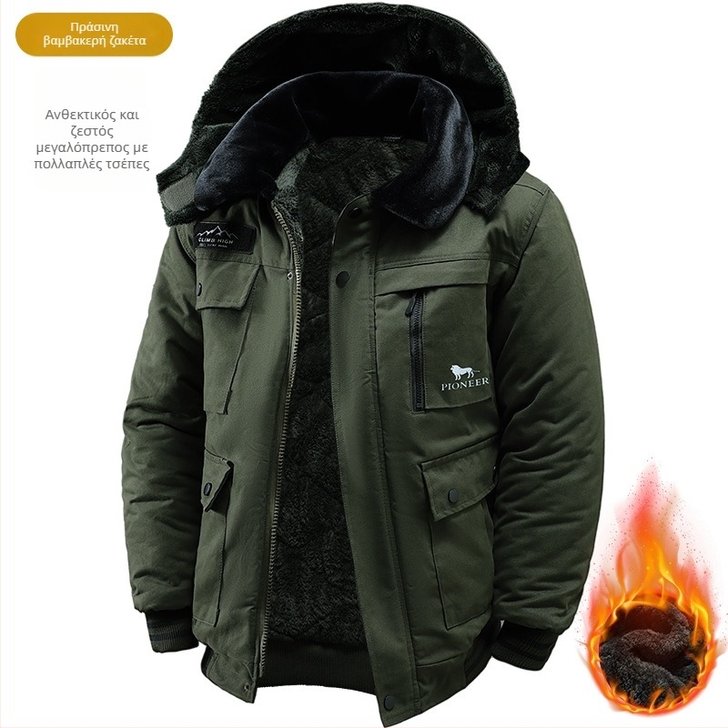 Ανδρικό βαμβακερό μπουφάν με γούνινη επένδυση, κουκούλα, παχιά μόνωση, φερμουάρ