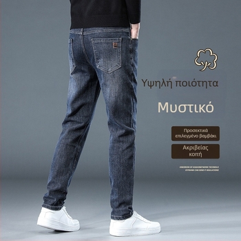 Ανδρικά τζιν ίσια γραμμή με φλίς επένδυση, παχύ denim, μικροελαστικότητα, μεσαία μέση (χειμερινή έκδοση 2025)