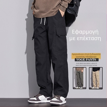 Ανδρικά cargo παντελόνια, φαρδιά ίσια γραμμή, χειμερινά, αδιάβροχα και αντιανεμικά, πολυεστερική ύφανση, μέση μεσαίου ύψους.