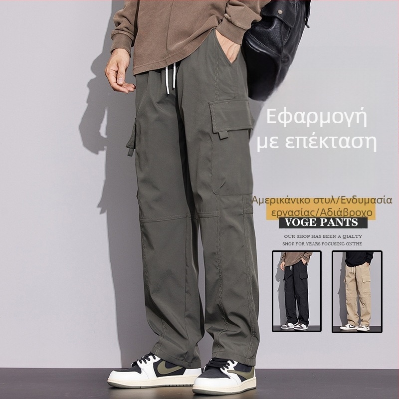 Ανδρικά cargo παντελόνια, φαρδιά ίσια γραμμή, χειμερινά, αδιάβροχα και αντιανεμικά, πολυεστερική ύφανση, μέση μεσαίου ύψους.