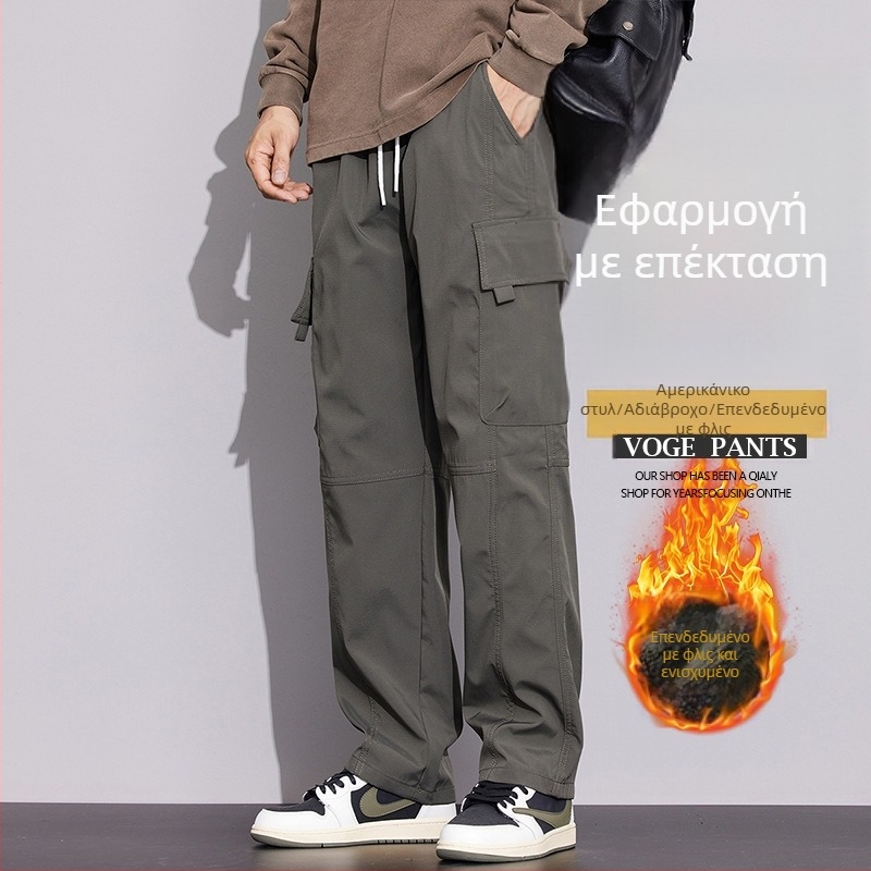 Ανδρικά cargo παντελόνια, φαρδιά ίσια γραμμή, χειμερινά, αδιάβροχα και αντιανεμικά, πολυεστερική ύφανση, μέση μεσαίου ύψους.