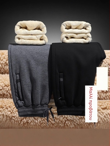 Ανδρικές παντελόνες με ίσια γραμμή, Sherpa επένδυση φλίς, 100% βαμβάκι, Μεσαία μέση, για χειμώνα