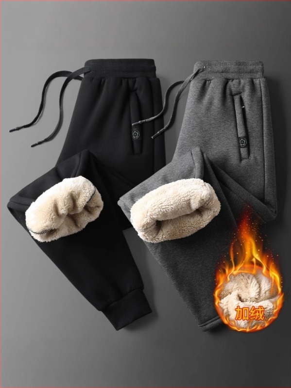 Ανδρικές παντελόνες με ίσια γραμμή, Sherpa επένδυση φλίς, 100% βαμβάκι, Μεσαία μέση, για χειμώνα