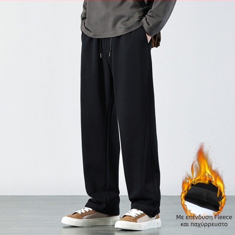 Ανδρικά φλις παντελόνια με επένδυση, χοντρά, ελαστική μέση, χαλαρή ίσια γραμμή, ίσιο κόψιμο, 75% βαμβάκι/25% πολυεστέρας, Φθινοπωρινή συλλογή 2024