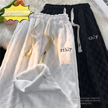 Ανδρικά παντελόνια corduroy ίσια γραμμή — Καρό μοτίβο σε πλέγμα, φλίς επένδυση, μεσαία μέση, υφασμάτινο μείγμα βαμβάκι