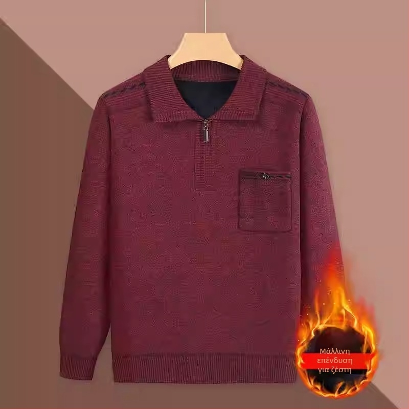 Ανδρικό χειμερινό πλεκτό πουλόβερ με fleece επένδυση, παχύτερη θερμοκρασία για θέρμανση, ακρυλικός πλεκτός ύφασμα, χαλαρή γραμμή, τσέπη