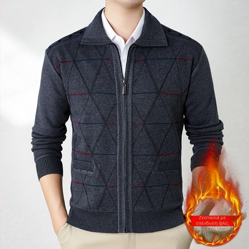 Καρντάγκαν με επένδυση φλίς για ηλικιωμένους, χειμώνας 2024, 100% πολυεστέρας, βασικό πλεκτό στυλ