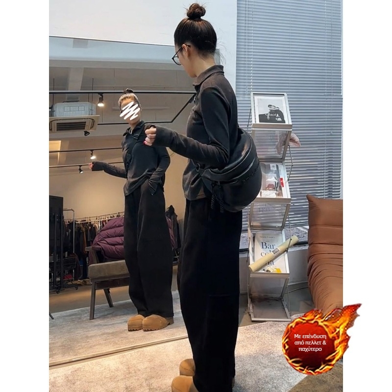 Γυναικείοι χαλαροί παντελόνες casual με σμιτάρ σιλουέτα, φαρδιά πόδια, χοντρές βελούδινες υφές, ύφασμα από μαλλί, χειμώνας 2024