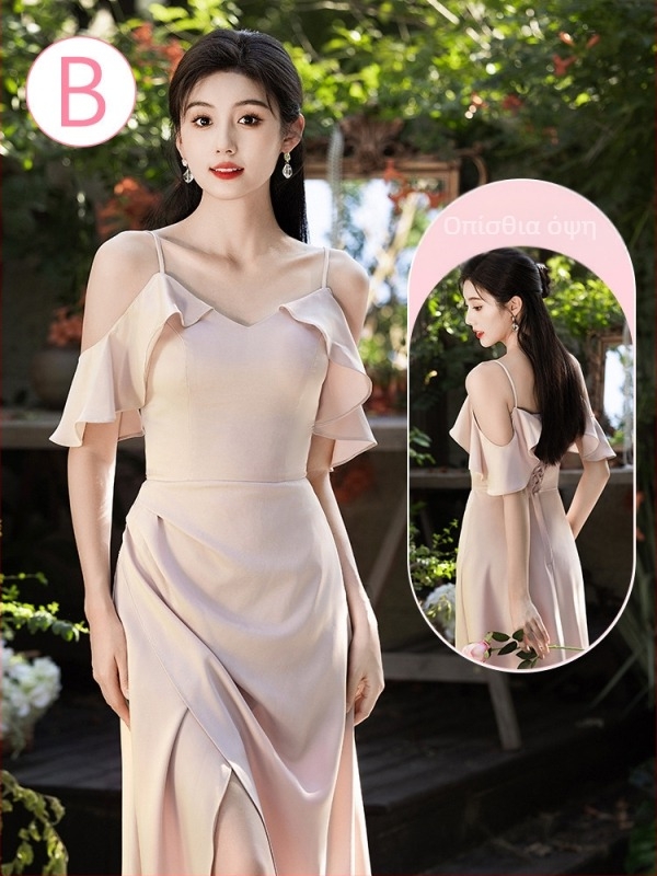 Φόρεμα παρανυφίων με υψηλή μέση, μακριά φούστα Α-γραμμής, ένα ώμονο ντεκολτέ με διπλό γιακά, πριγκίπισσα στυλ