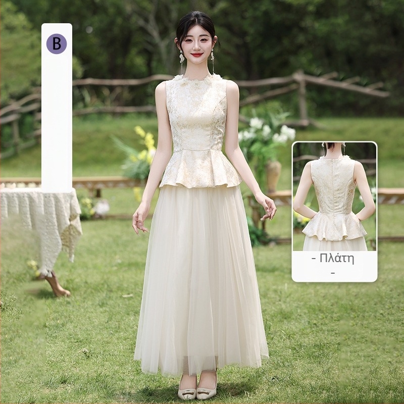 Φόρεμα παρανύμφης σε νέο κινεζικό στυλ, καλοκαίρι 2025, πολυεστέρας, μακρύ, Α-γραμμή, χωρίς μανίκια, στρογγυλός λαιμός και τιράντες