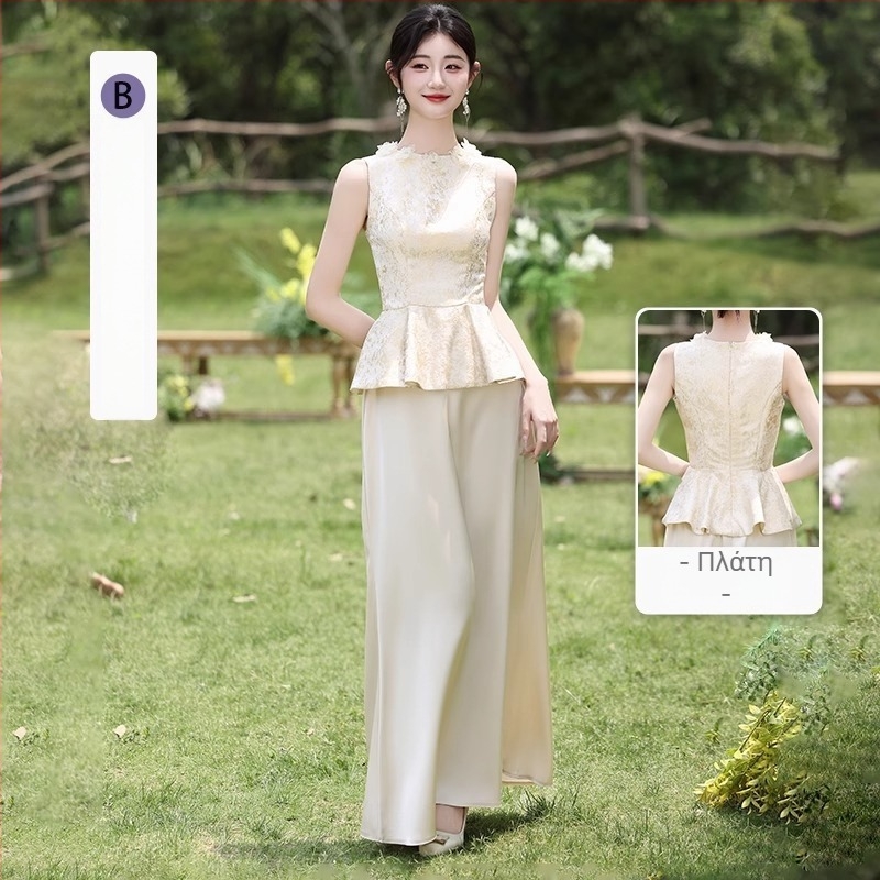 Φόρεμα παρανύμφης σε νέο κινεζικό στυλ, καλοκαίρι 2025, πολυεστέρας, μακρύ, Α-γραμμή, χωρίς μανίκια, στρογγυλός λαιμός και τιράντες