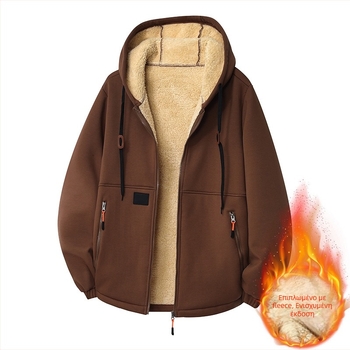 Ανδρικό φλίς με κουκούλα, ζακέτα φλίς με χοντρή επένδυση, χαλαρή γραμμή, φερμουάρ και τσέπες, πολυεστέρας