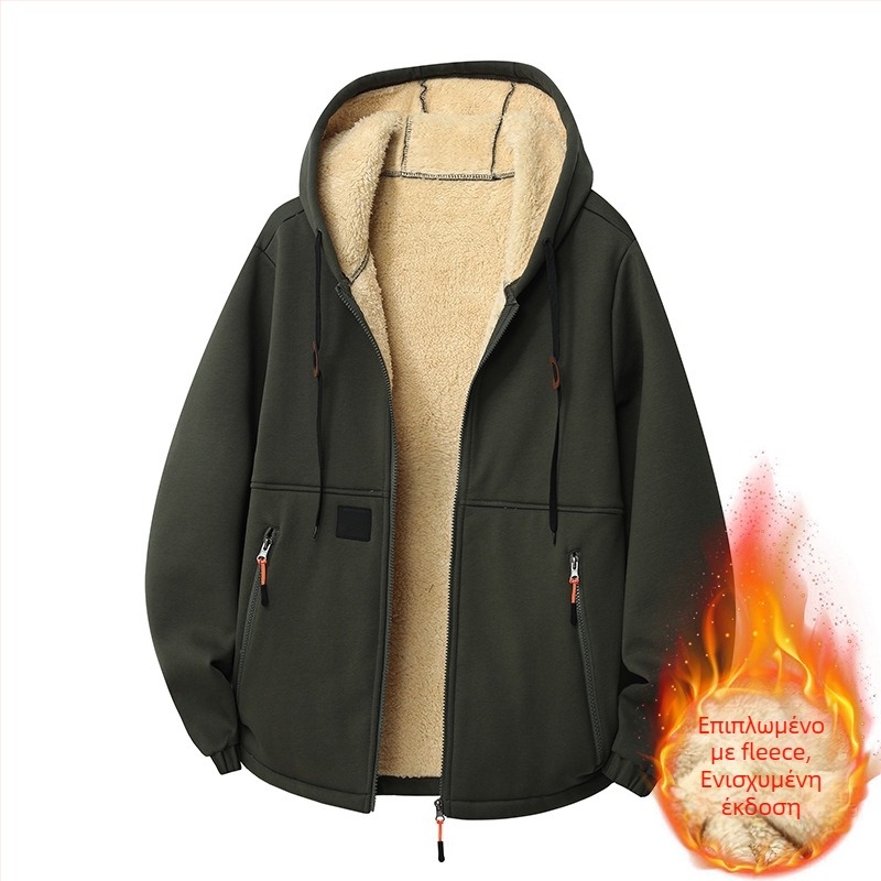 Ανδρικό φλίς με κουκούλα, ζακέτα φλίς με χοντρή επένδυση, χαλαρή γραμμή, φερμουάρ και τσέπες, πολυεστέρας