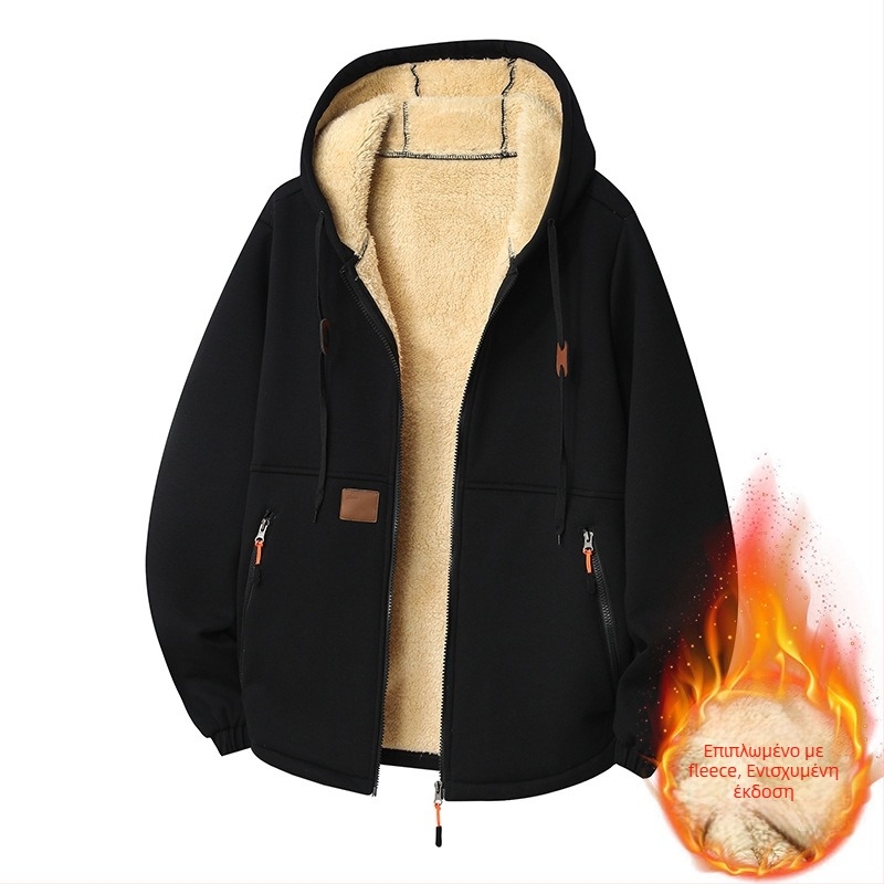 Ανδρικό φλίς με κουκούλα, ζακέτα φλίς με χοντρή επένδυση, χαλαρή γραμμή, φερμουάρ και τσέπες, πολυεστέρας