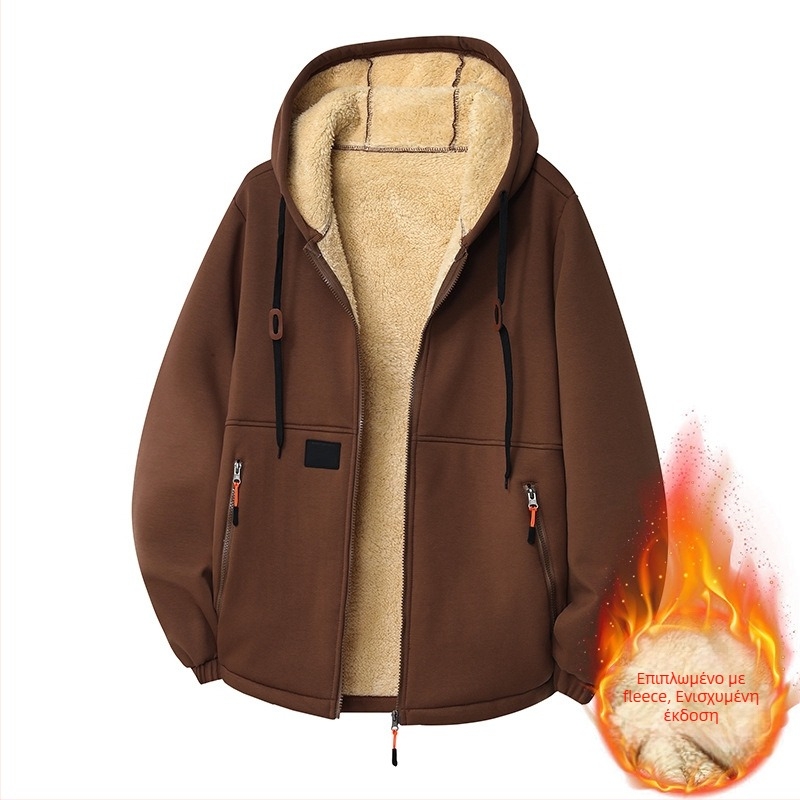 Ανδρικό φλίς με κουκούλα, ζακέτα φλίς με χοντρή επένδυση, χαλαρή γραμμή, φερμουάρ και τσέπες, πολυεστέρας