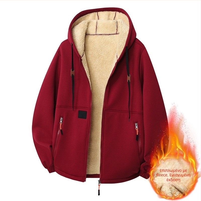 Ανδρικό φλίς με κουκούλα, ζακέτα φλίς με χοντρή επένδυση, χαλαρή γραμμή, φερμουάρ και τσέπες, πολυεστέρας