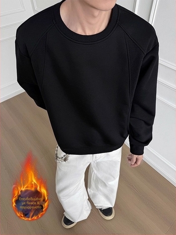 Φούτερ με φλίς επένδυση, χωρίς γιακά, χωρίς κουκούλα, μακρύ μανίκι, ελαφρώς χαλαρή γραμμή, πολυεστέρας 51-70%