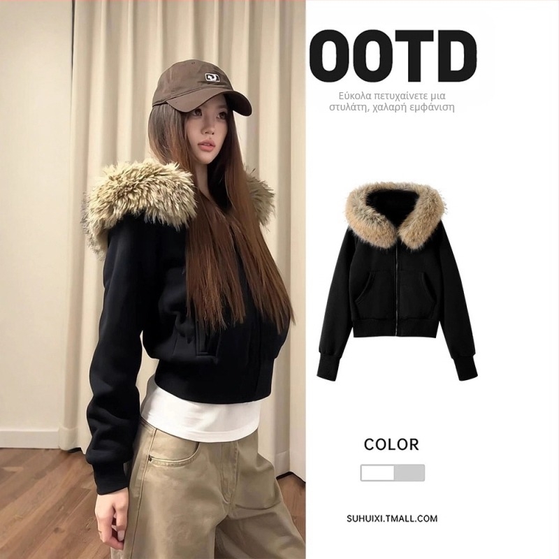 Γυναικείο μπουφάν με κουκούλα και γούνα στο γιακά, φλις εσωτερικό, κοντό μήκος, με φερμουάρ, πολυεστέρας, Χειμώνας 2025