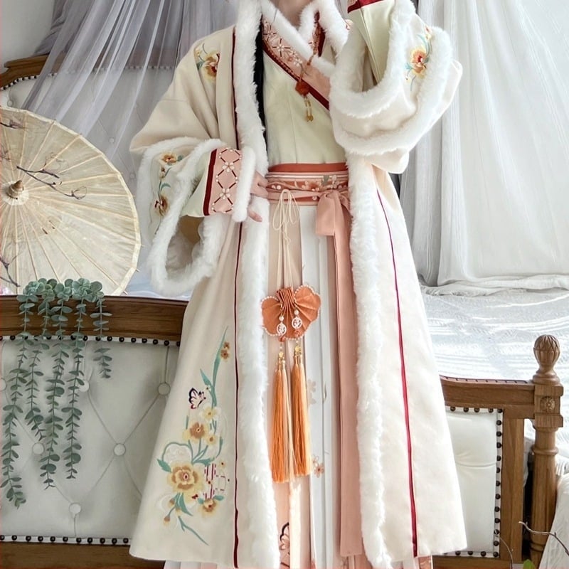 Σετ Hanfu για γυναίκες, χειμωνιάτικο: μακρύ σακάκι με σταυρωτό γιακά και μπροστινό άνοιγμα, φούστα με πλισέ, φλις επένδυση, πολυεστέρας