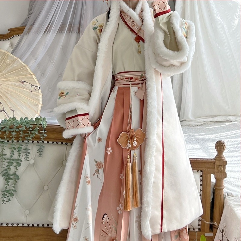 Σετ Hanfu για γυναίκες, χειμωνιάτικο: μακρύ σακάκι με σταυρωτό γιακά και μπροστινό άνοιγμα, φούστα με πλισέ, φλις επένδυση, πολυεστέρας