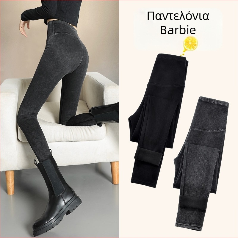 Γυναικείες τζιν leggings Barbie με επένδυση για φθινόπωρο/χειμώνα, ψηλή μέση, σμίκρυνση κοιλιάς και ανύψωση γλουτών, στενά παντελόνια γιόγκα σε στυλ μολύβι