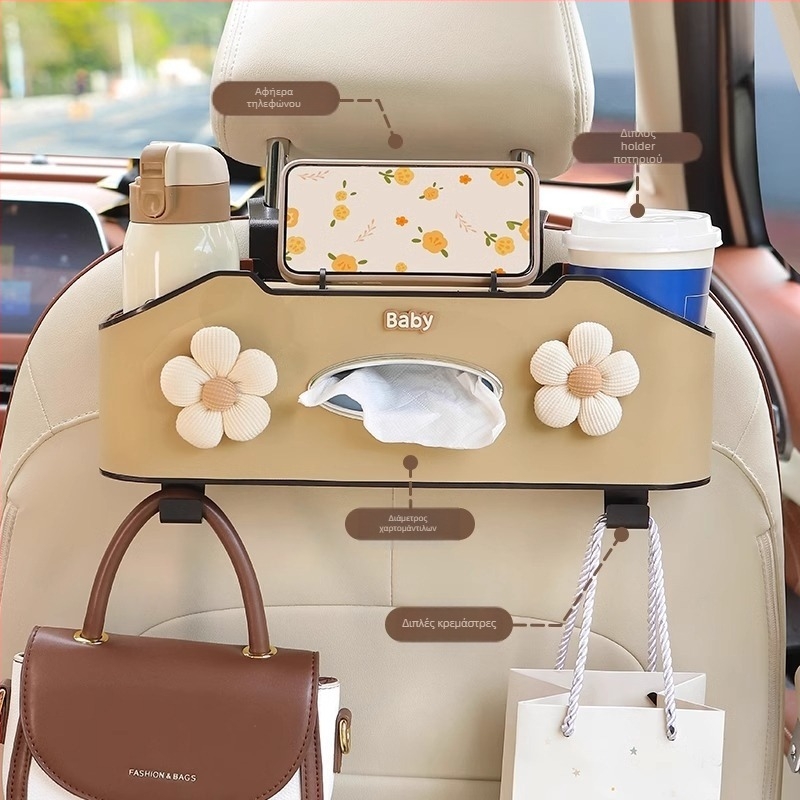 Οργανωτής πίσω από το κάθισμα αυτοκινήτου με θήκη χαρτομάντιλων και δοχείο ποτών — πλαστικό, αδιάβροχο, κρεμάμενο