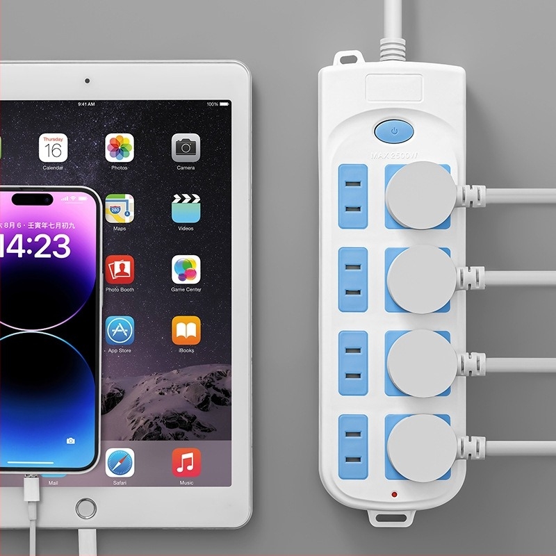 Πρίζα με 5 υποδοχές και μακρύ καλώδιο, 10A, 100-250V, ABS περίβλημα, αγωγοί από χαλκό, πιστοποίηση 3C