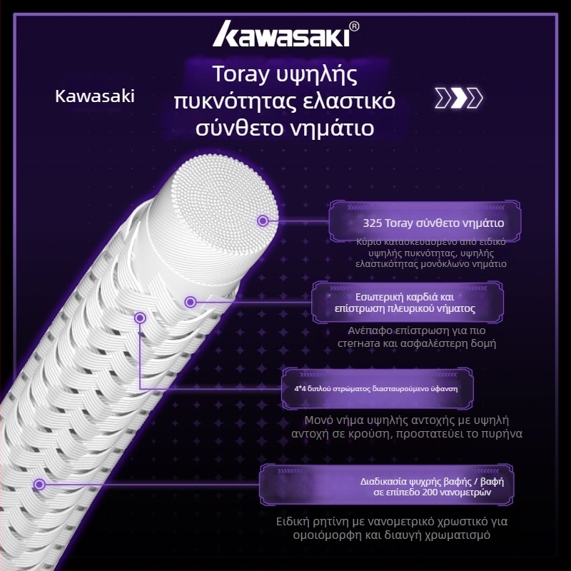 Kawasaki χορδή ρακέτας – Σύνθετης ίνας, 0,66 mm, 23–25 λίβρες, Ήχος μπάλας, κατάλληλη για μπατμίντον και τένις