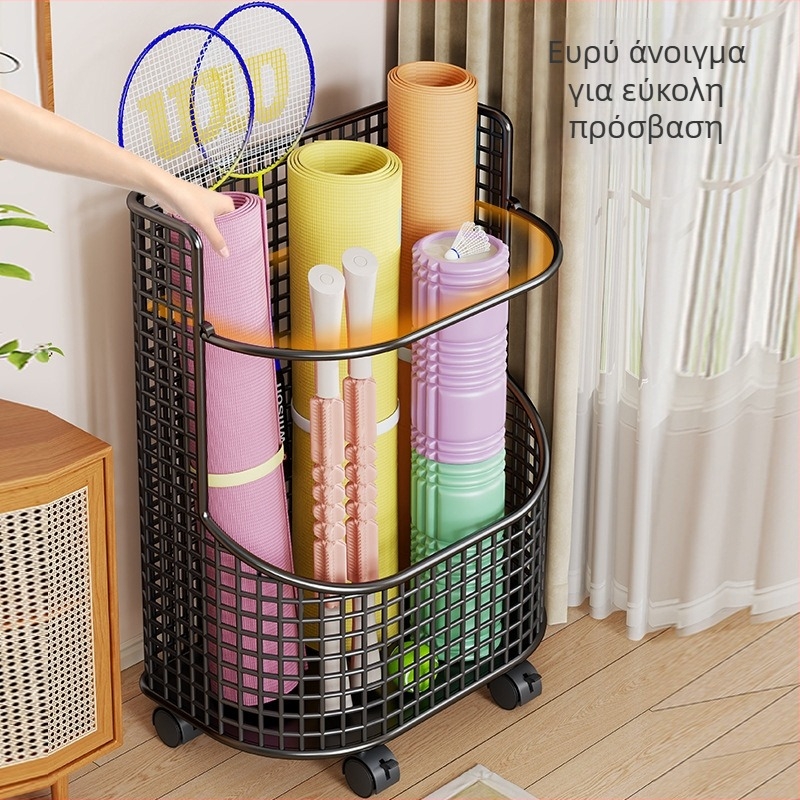 Ραφιέρα αποθήκευσης γιόγκα με ρόδες – μεγάλη χωρητικότητα, μεταλλική κατασκευή για εξοπλισμό γυμναστικής και ρακέτες μπατμίντον