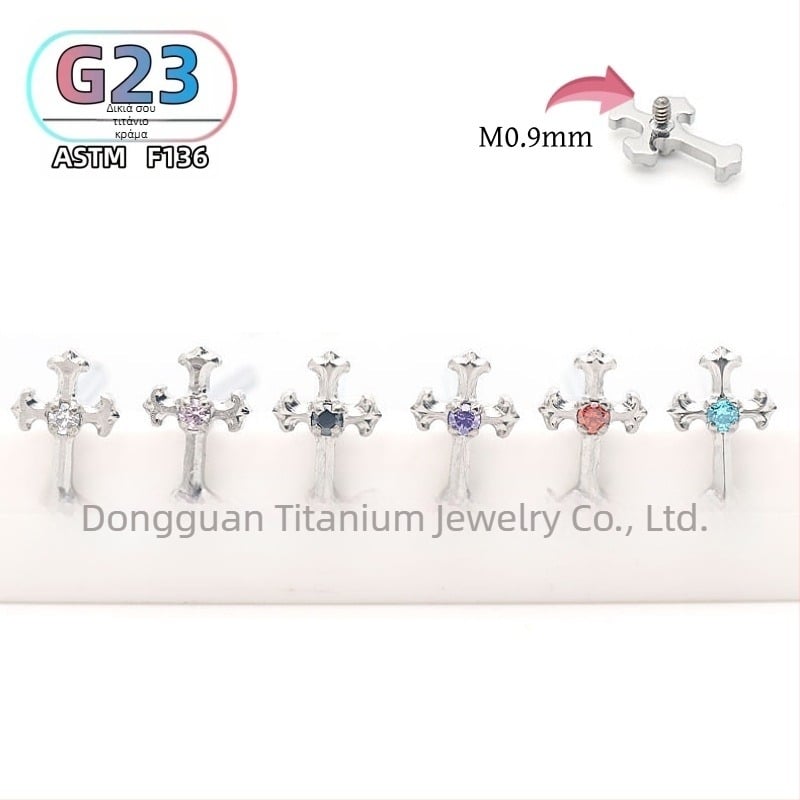 Πιρσίνγκ για αυτί και χείλη με σταυρό από τιτάνιο F136 και ζιρκόν, γυαλιστερή επιφάνεια, unisex