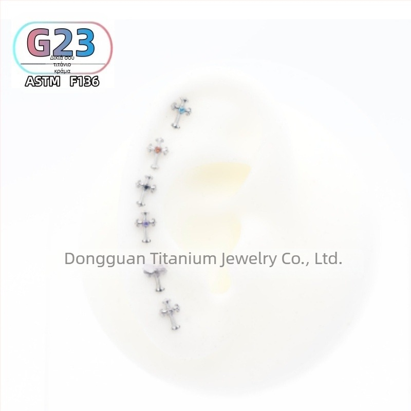 Πιρσίνγκ για αυτί και χείλη με σταυρό από τιτάνιο F136 και ζιρκόν, γυαλιστερή επιφάνεια, unisex