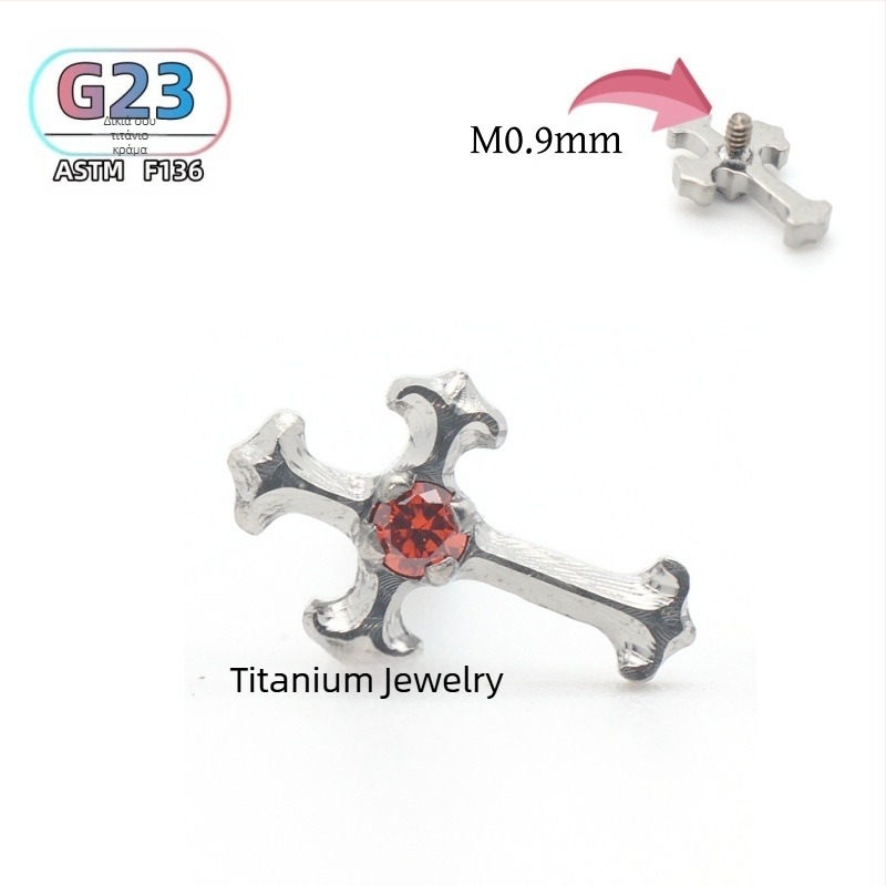 Πιρσίνγκ για αυτί και χείλη με σταυρό από τιτάνιο F136 και ζιρκόν, γυαλιστερή επιφάνεια, unisex