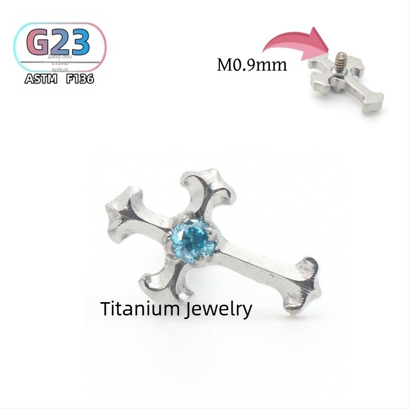 Πιρσίνγκ για αυτί και χείλη με σταυρό από τιτάνιο F136 και ζιρκόν, γυαλιστερή επιφάνεια, unisex