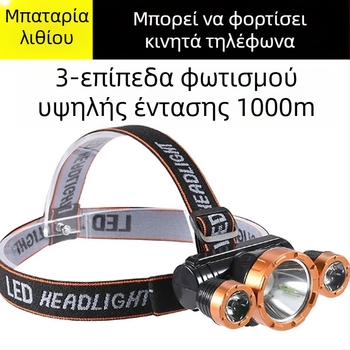 LED φακός κεφαλής, επαναφορτιζόμενη μπαταρία λιθίου, δύο λειτουργίες, αδιάβροχος, εμβέλεια δέσμης έως 100 μέτρα