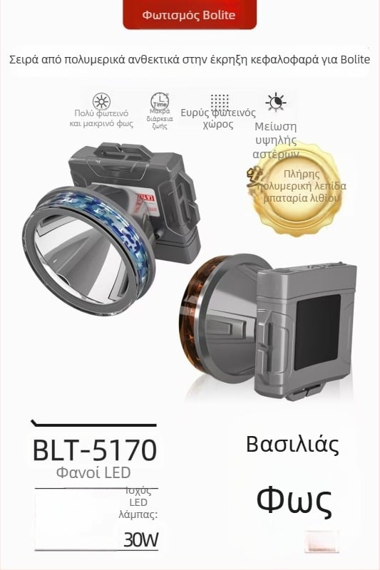 Φακός κεφαλής με διπλά LED, αδιάβροχος, 50W, μπαταρία 6000–10000 mAh, εμβέλεια έως 500 m