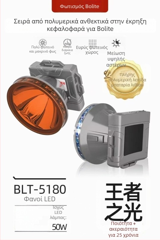 Φακός κεφαλής με διπλά LED, αδιάβροχος, 50W, μπαταρία 6000–10000 mAh, εμβέλεια έως 500 m