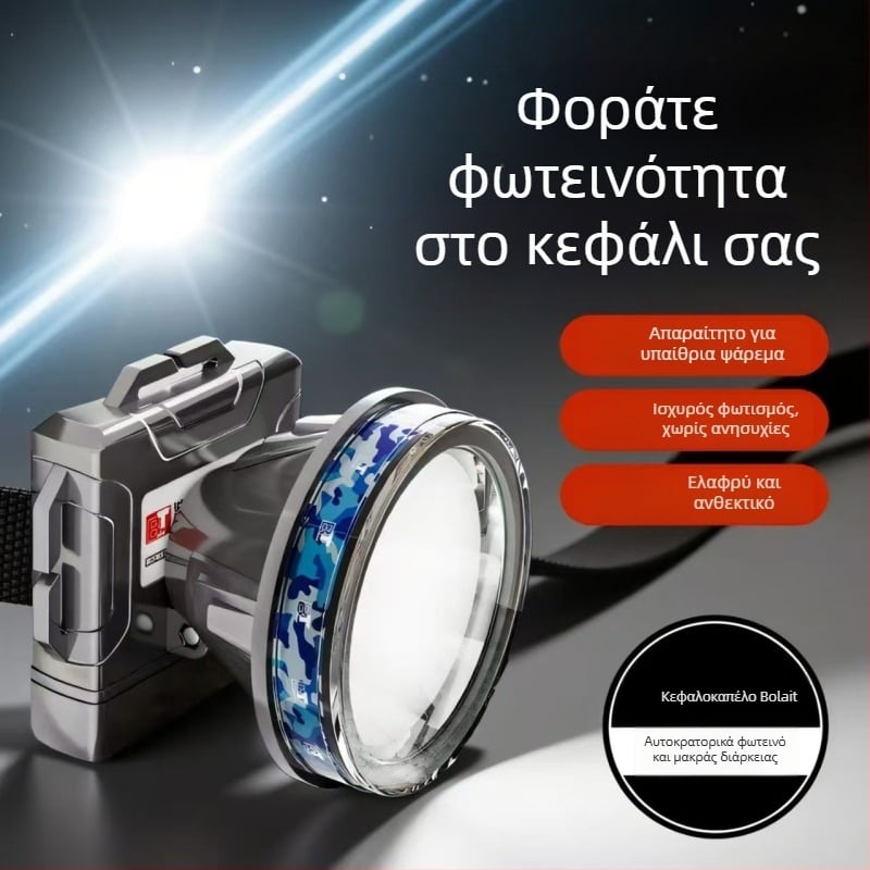 Φακός κεφαλής με διπλά LED, αδιάβροχος, 50W, μπαταρία 6000–10000 mAh, εμβέλεια έως 500 m